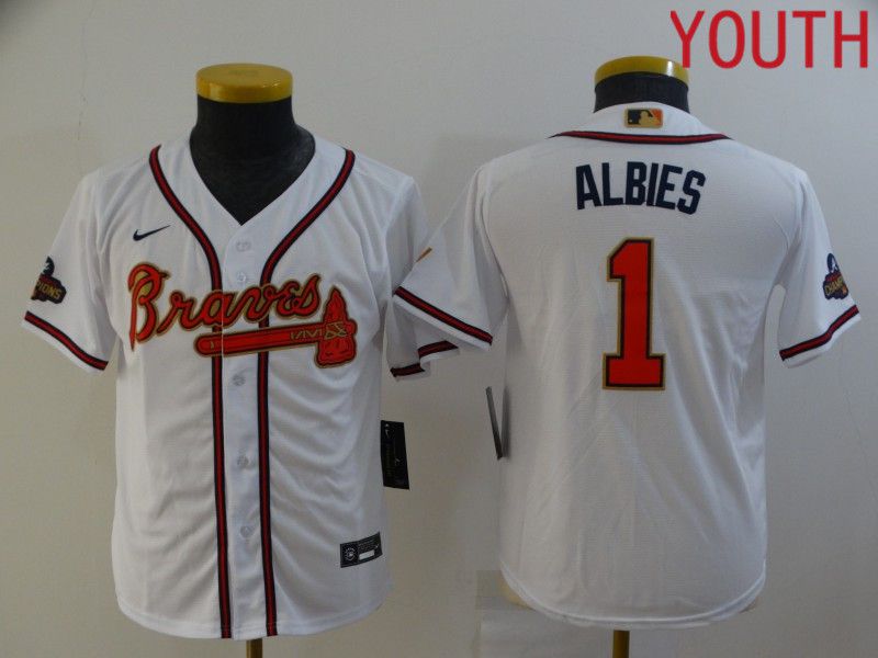 Youth Atlanta Braves #1 Albies White Gold Game Nike 2022 MLB Jersey->youth mlb jersey->Youth Jersey